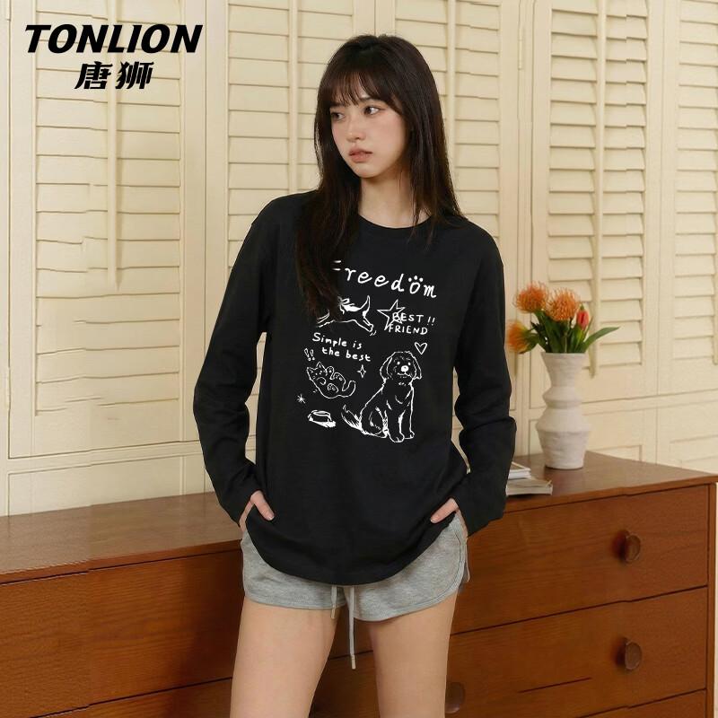 

TonLion Women s Loose Fit Pure Cotton Long Sleeve T-Shirt with TS Graffiti Print S