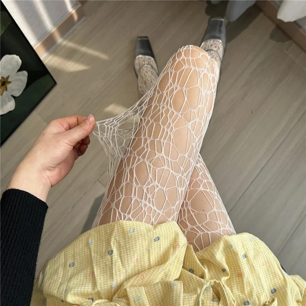 

2025 Готические кружевные чулки-сетка Y2k с вырезами, однотонные колготки, JK японский стиль, высокая талия, винтажные ромбовидные полосатые колготки All yards белый