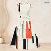 Women Plus Size Geometric Printed Two Piece Set Sleeveless Tie Waist Flared Dress 3 4 Sleeve Open Cardigan