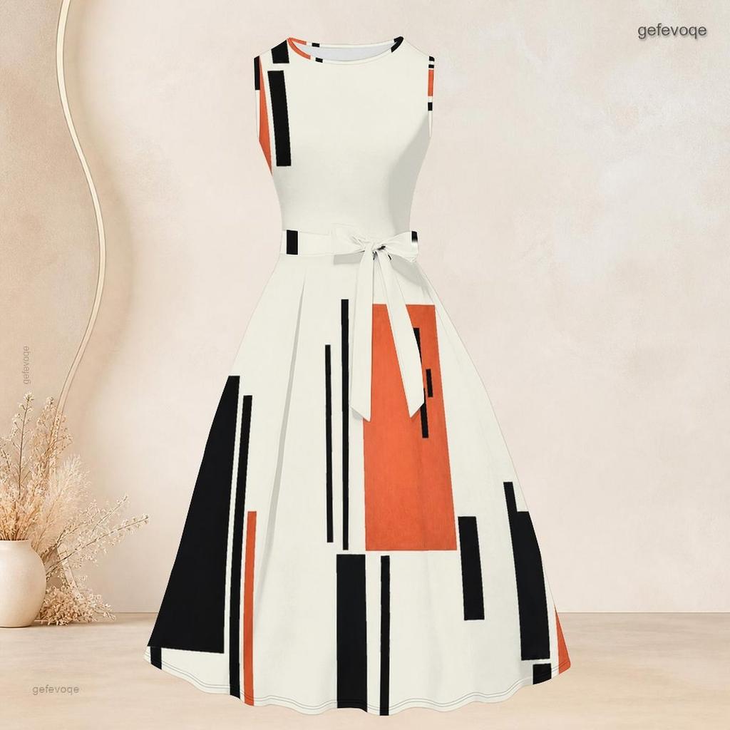 Women Plus Size Geometric Printed Two Piece Set Sleeveless Tie Waist Flared Dress 3 4 Sleeve Open Cardigan