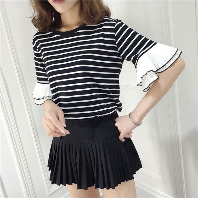 Women's Ruffle Striped T-shirt - Summer 2022, Korean Style, Casual Loose Fit