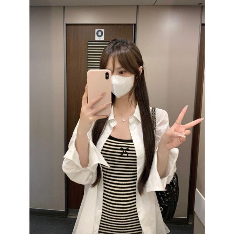 

Kumikumi Повседневная Свободная Защита от Солнца Белая Рубашка с Длинными Рукавами Женская Одежда Осень Полосатое Платье на Бретелях Спагетти Комплект из Двух Предметов White shirt One size