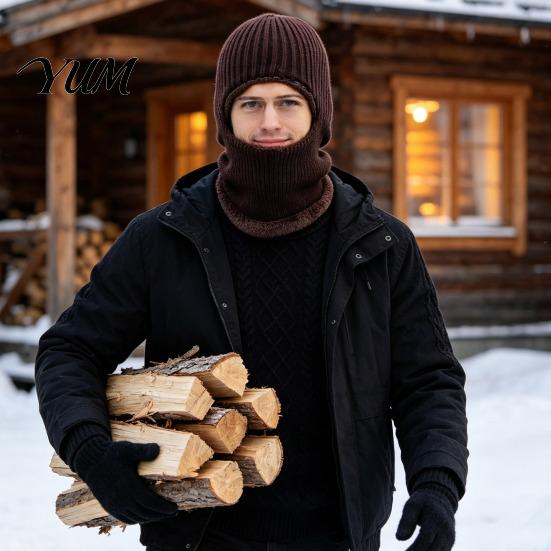 Men Knit Hat Hooded Scarf Hat, Warm Balaclava Hood for Winter Cold Solid Color Weather, Windproof Neck Warmer Skull Cap Outdoor Cycling Weather