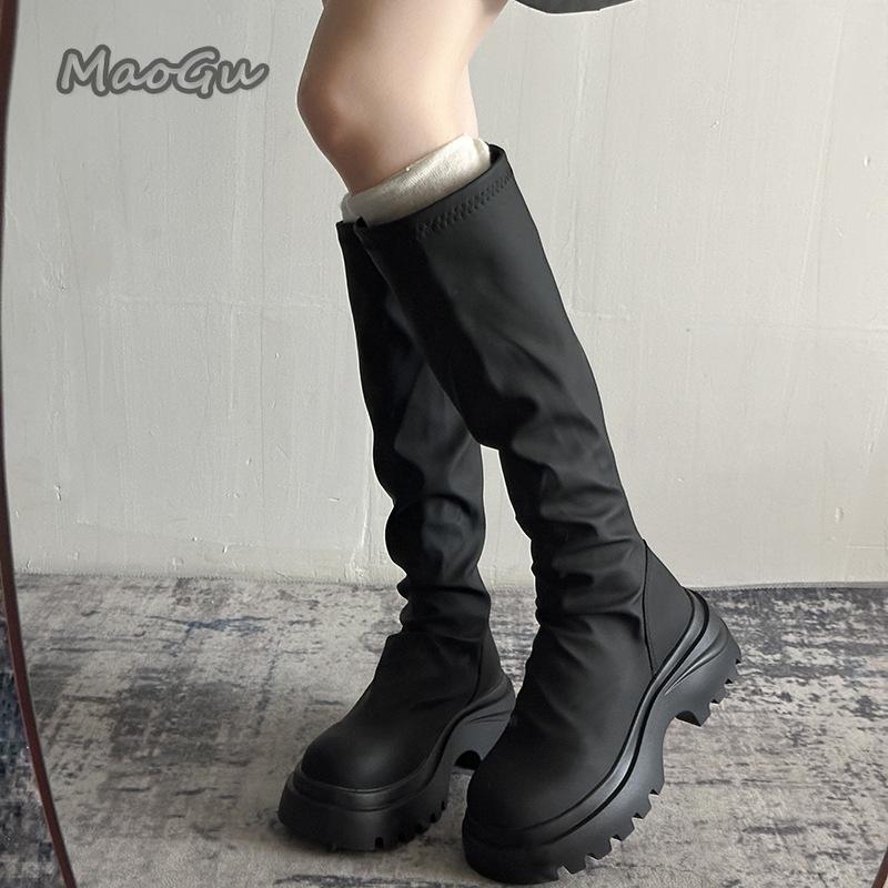 Fashion Thick Bottom Women's Pleated Long Boots Brown Modern Fashion Autumn Knee-High Platform High Boots Botas Mujer Size 35-40 Botas