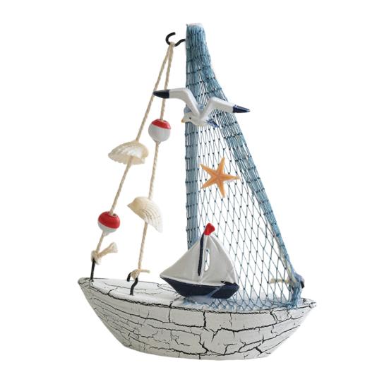 Nautical Wooden Sailboat Models Coastal Beach Style Blue White Ship Tabletop Figurine for Home Living Room Office Farmhouse Decor
