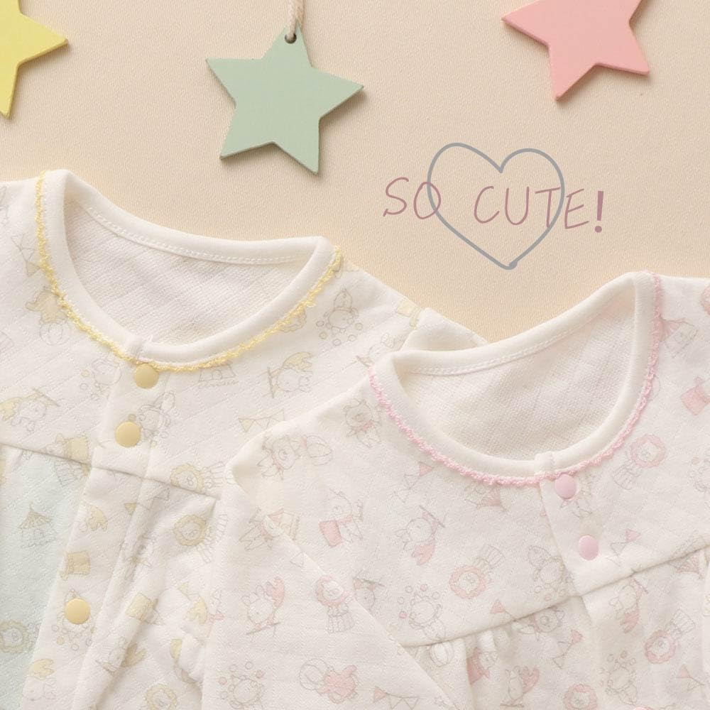 Cream de Coco in Diamond Quilted Circus Pattern Crotch Newborn Baby Clothes Cute Animal Print Pink and Yellow Boys and Girls Soft Warm [Made Japan]