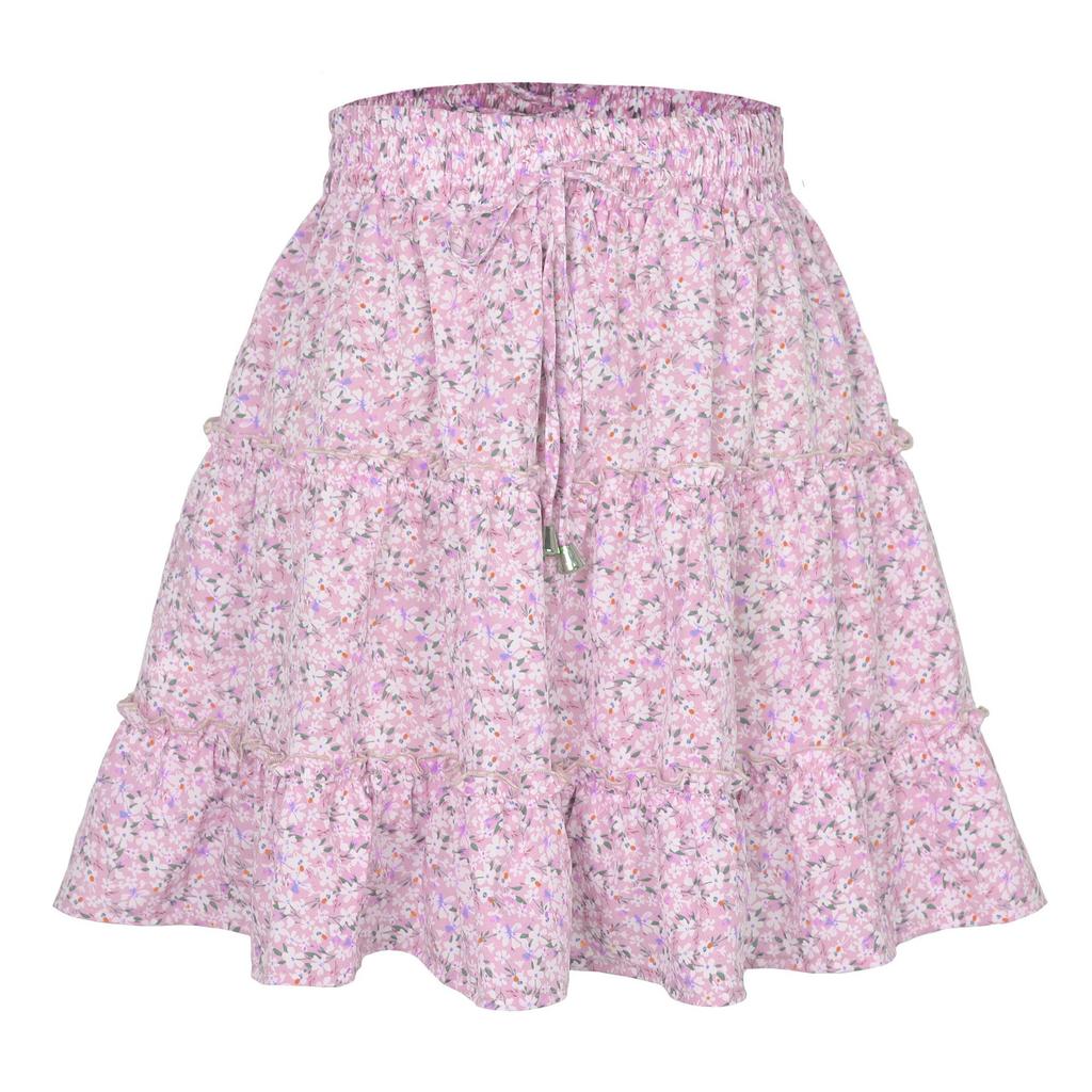 Summer Women's Casual High Waist Ruffled Floral Skirt Beach A-line Skirt