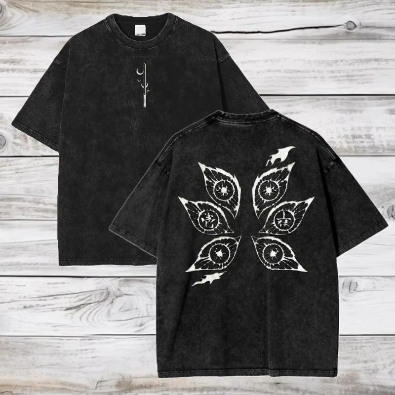 T-Shirt Cotton Harajuku Style Cotton Washed Retro Loose Mu Team Casual Men'S Animation Ghost Annihilation Blade Black Death