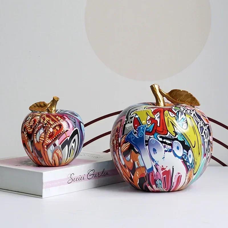 Graffiti Apple Figurines Modern Decor Living Room Decoration Resin Art Crafts Colorful Fruit Statues for Cabinet Door Entrance