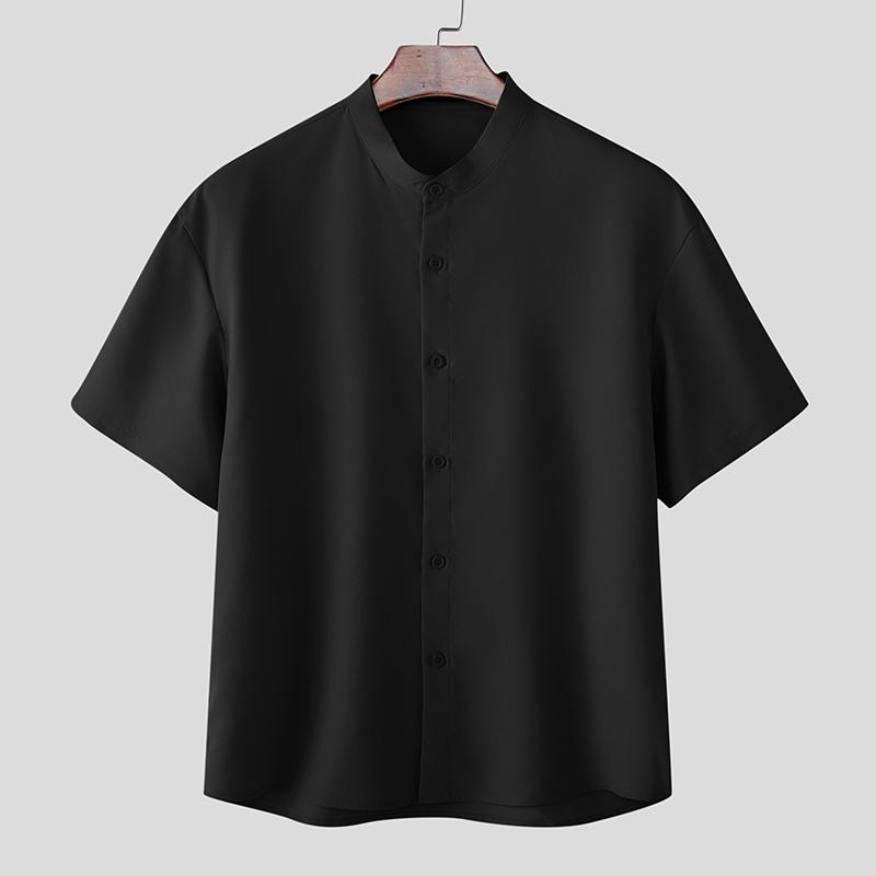INCERUN Men Collarless Short Sleeve Button Down Casual Loose Shirts Tops