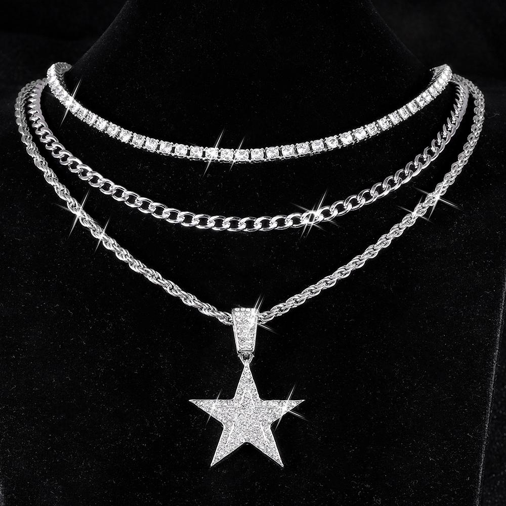 HipHop Punk Style Shiny FivePointed Star Pendant DIY with Cuban Chain Tennis Rope Chain Unisex Gift Jewelry Accessory Men Women