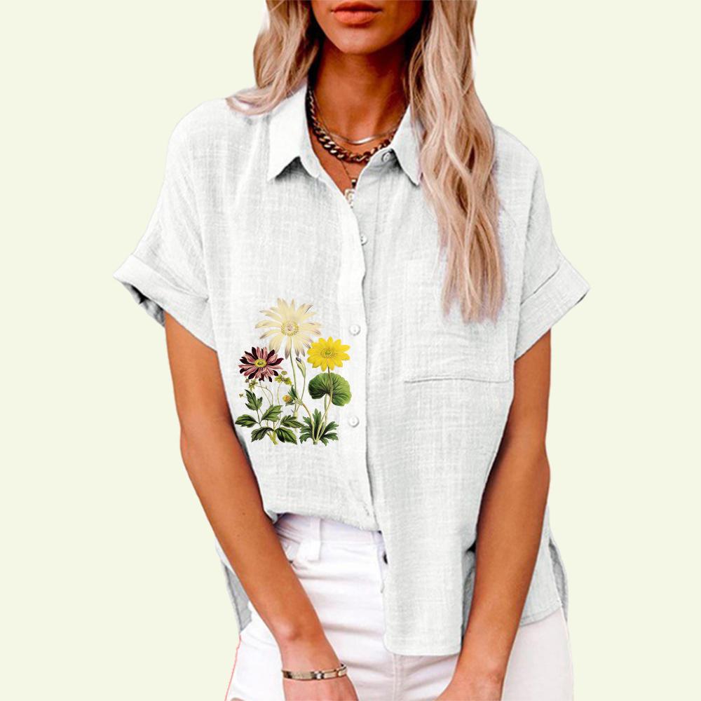 Fashion Lapel Collar Shirt for Women Summer&fall Floral Print Top with Pocket Loose Short Sleeve T-shirt Ladies Casual Linen Blouses