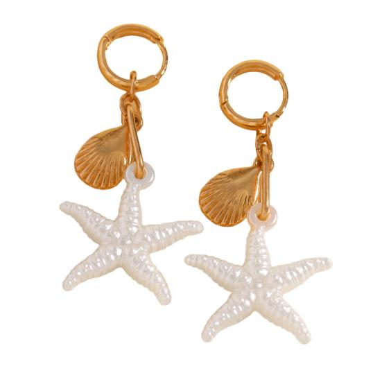 1 Pair Women Earrings, Starfish Shell Charm Long Tassel Earrings, Imitation Pearl Texture Ear Buckle Design Leverback Earrings for Summer Jewelry Gift