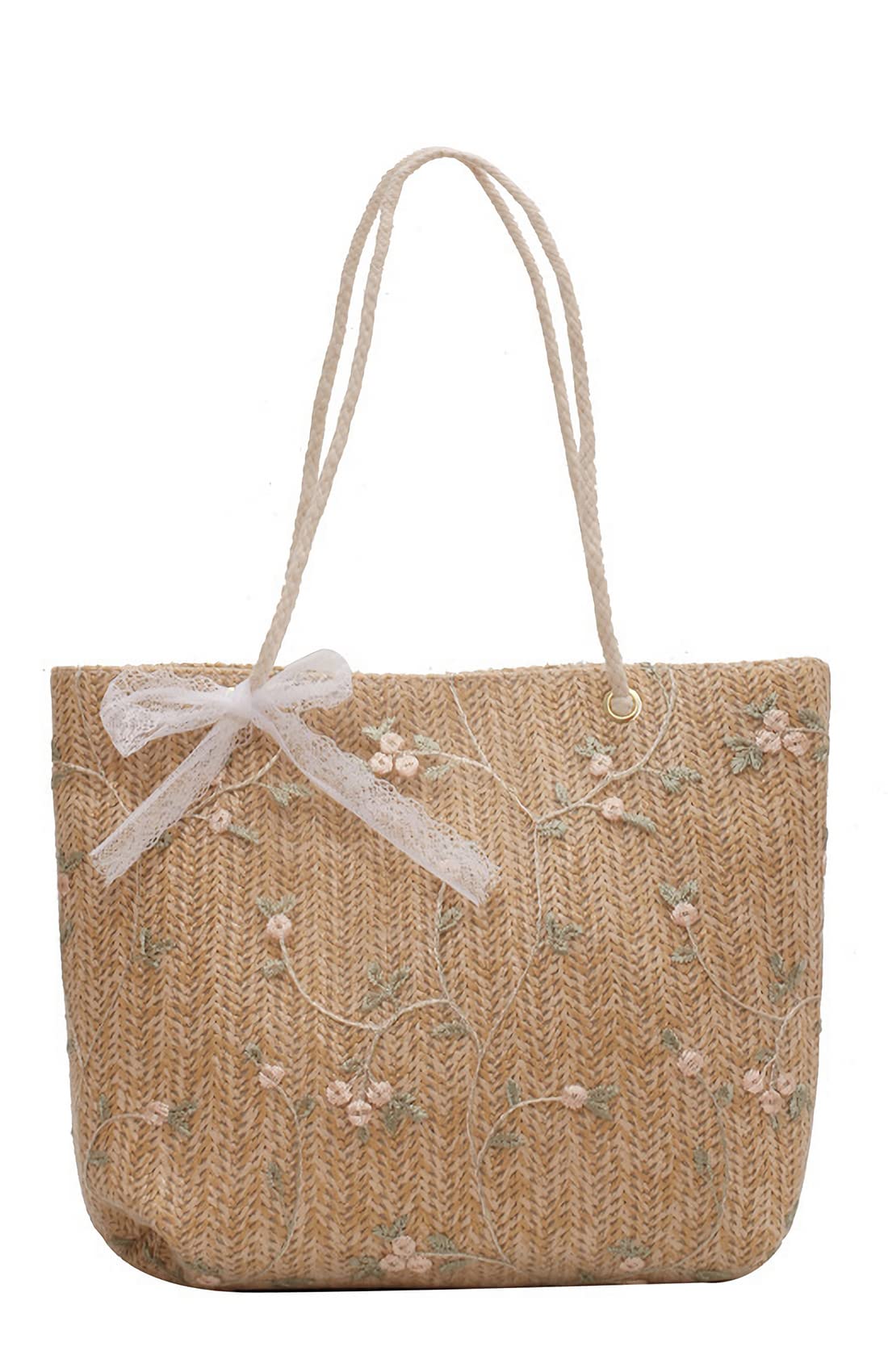 

Azulte Women s Lace Basket Bag, Elegant and Stylish Mini Shoulder Bag for Summer, Straw Bag with Magnetic Buttons and Embroidered Pattern, Khaki,