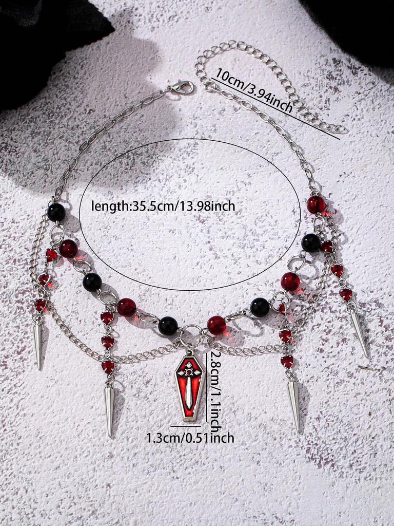 Vampire Gothic Spiked Necklace, Deep Red Enamel Coffin Pendant, Halloween Women'S Necklace Jewelry