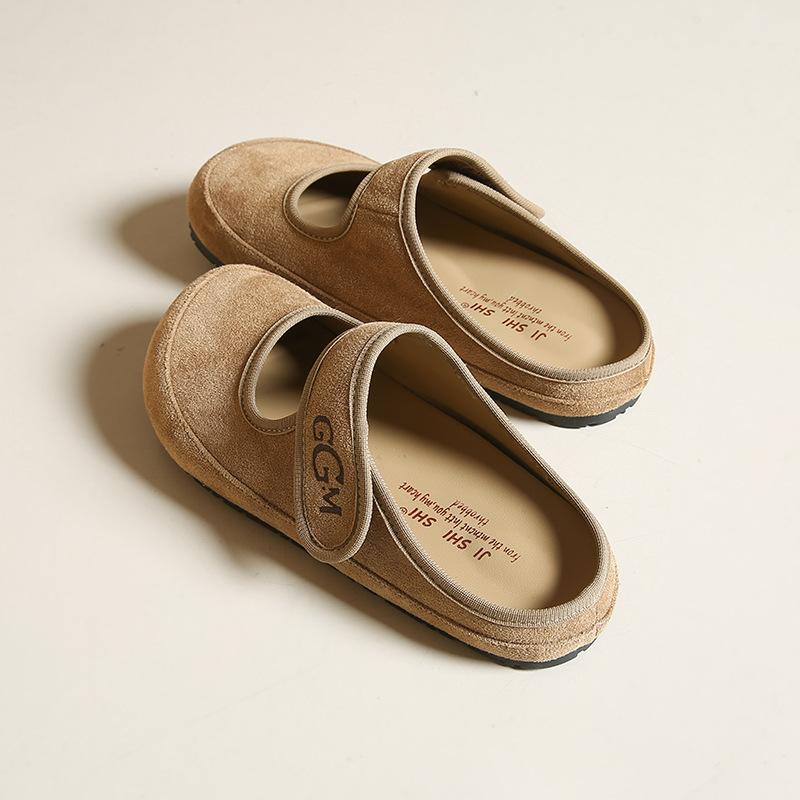 Retro Literary Style Velcro Mary Jane Shoes Bag Head Half Slippers Women Wear a Pedal After Empty