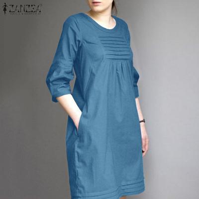 Women Summer Round Neck 3/4 Sleeve Pleated Dresses