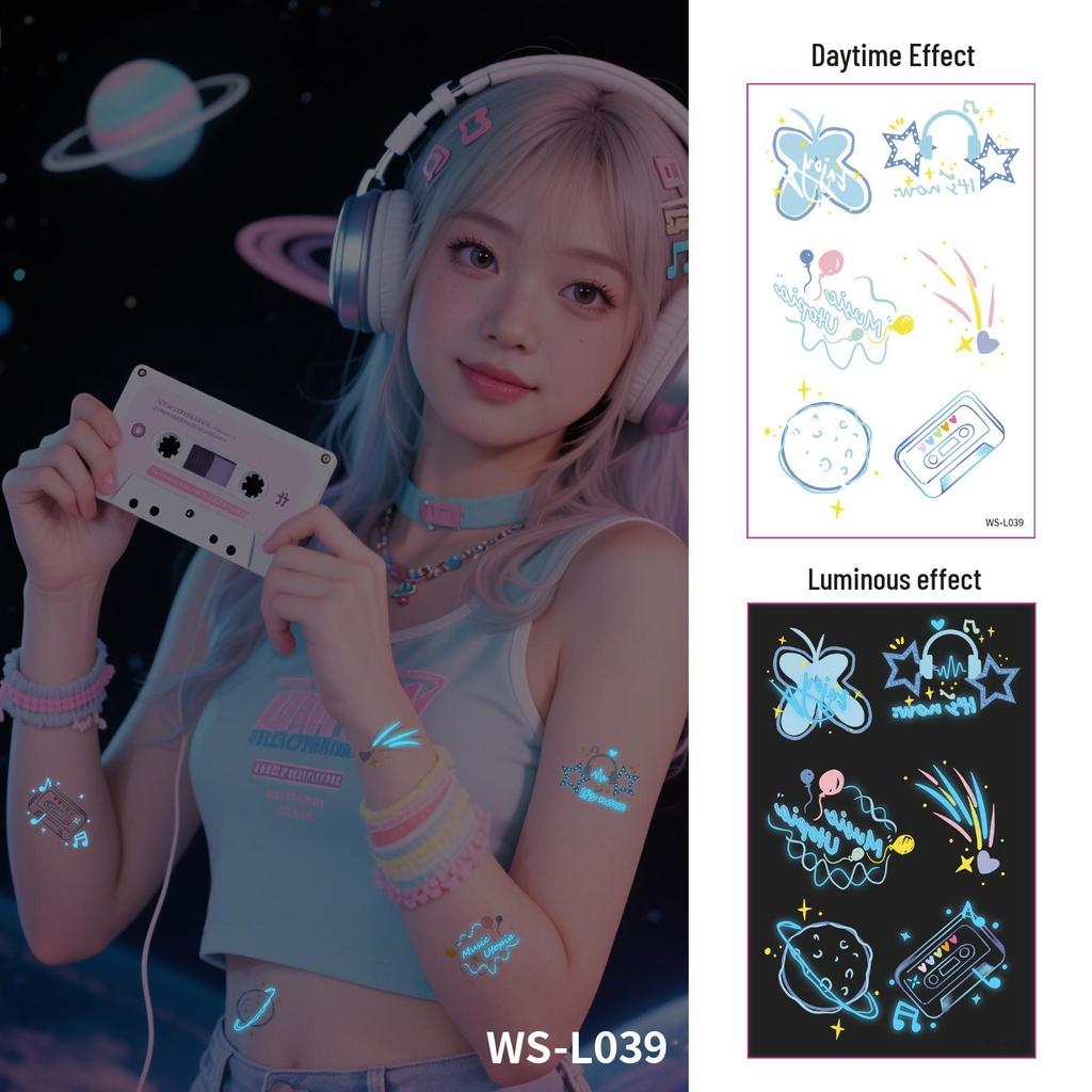 Blue Luminous Waterproof Tattoo Stickers for Carnival & Music Festivals - Sweatproof & Durable
