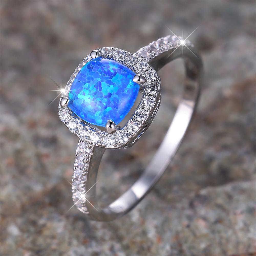 Blue Opal Square Engagement Ring White Round CZ Stone Wedding Rings For Women Color Jewelry Simple Fashion Accessory Gift
