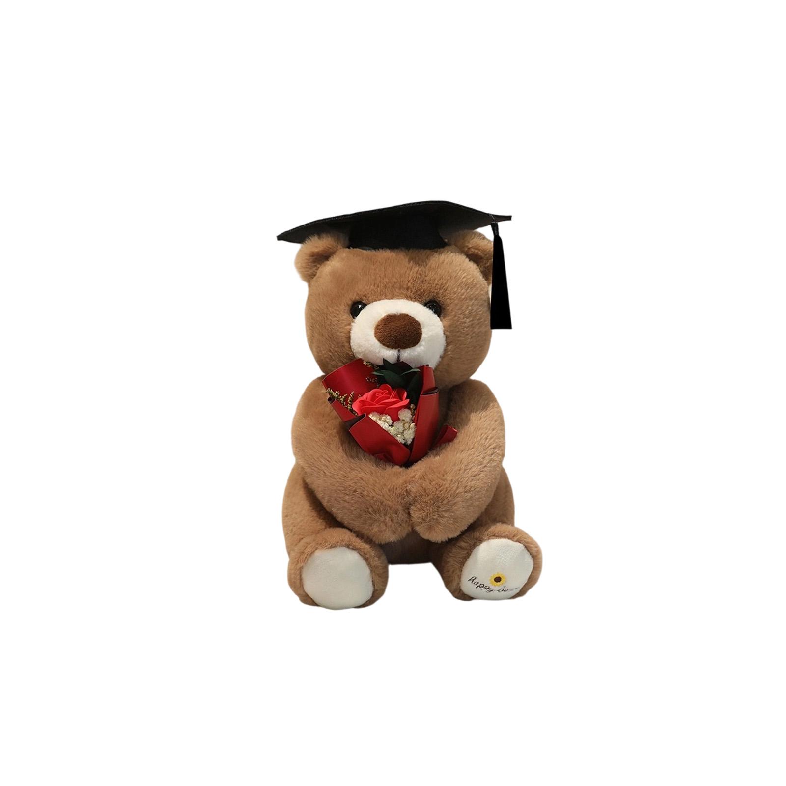 

Plush Teddy Bear Soft Stuffed Animal Toy Graduation Cap Holding Bouquet Decorative Gift for Kids and Adults One Size
