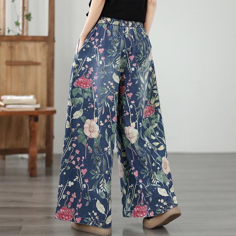 plus size Vintage floral high waist casual loose long Women Spring summer autumn jeans denim wide leg Pants