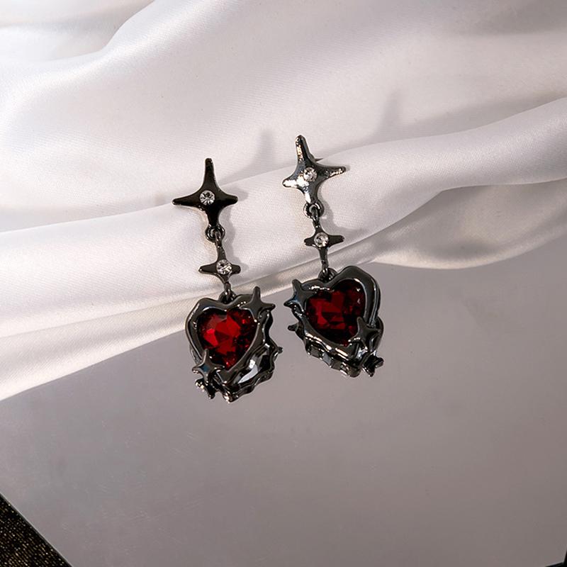 1Pair Gothic Dark Red Heart Star Earrings Liquid Heart Cross Star Pendant Zircon Love Cross Star Dangle Earring Gothic Irregular чёрный