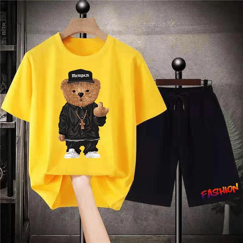 Korean Brand Bear Print T-shirt Men's Cotton Short-sleeved Oversized T-shirt Hip-hop Retro Suit Unisex Free Shipping