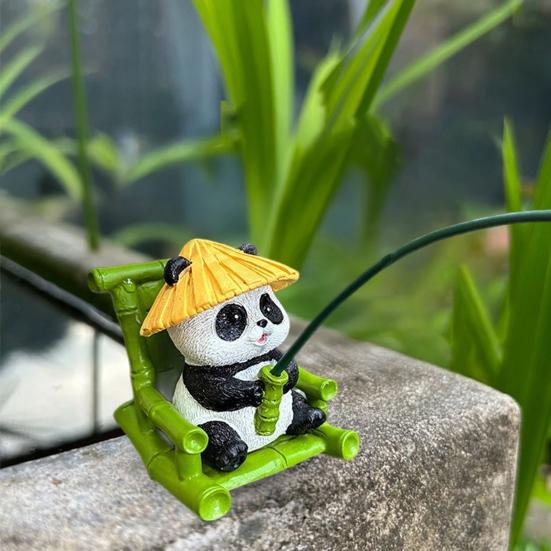 Fishing Panda Figurine Bamboo Chair Panda Resin Statue Sculpture Outdoor Yard Fishpond Aquarium Fish