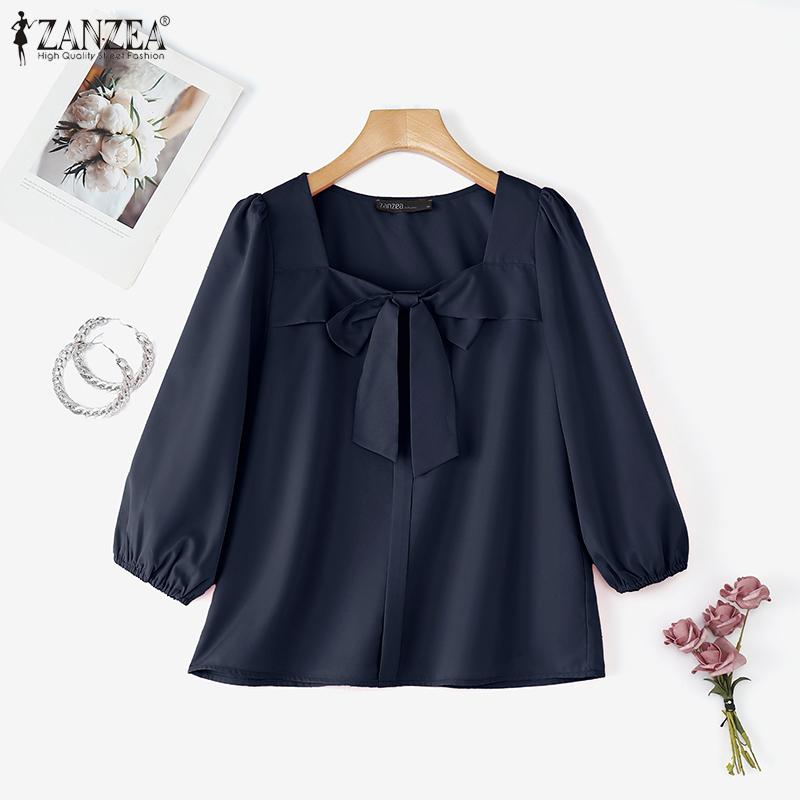 

ZANZEA Women Square Collar 3/4 Sleeve Bow Knot Solid Elegant Blouses S