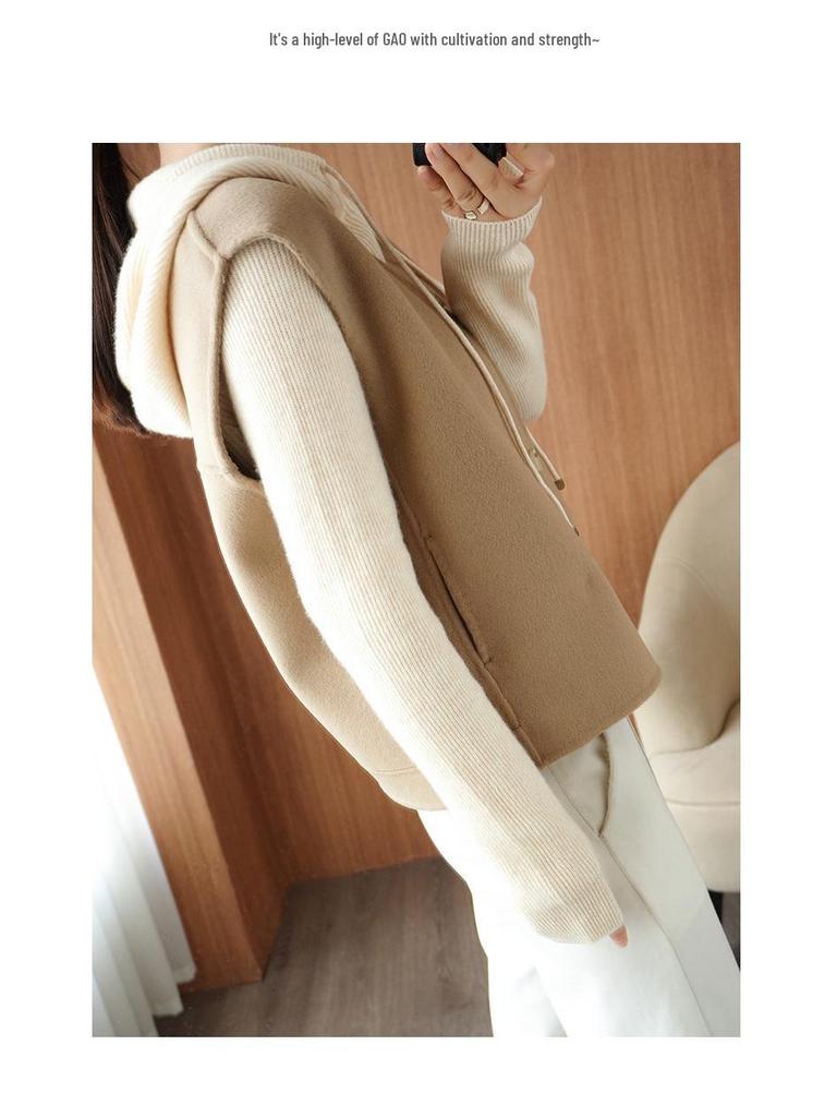 Women's Wool Blend V-Neck Vest: Petite Sleeveless Cardigan with Shoulder Pads, 100% Double-Faced Wool for Autumn & Winter.