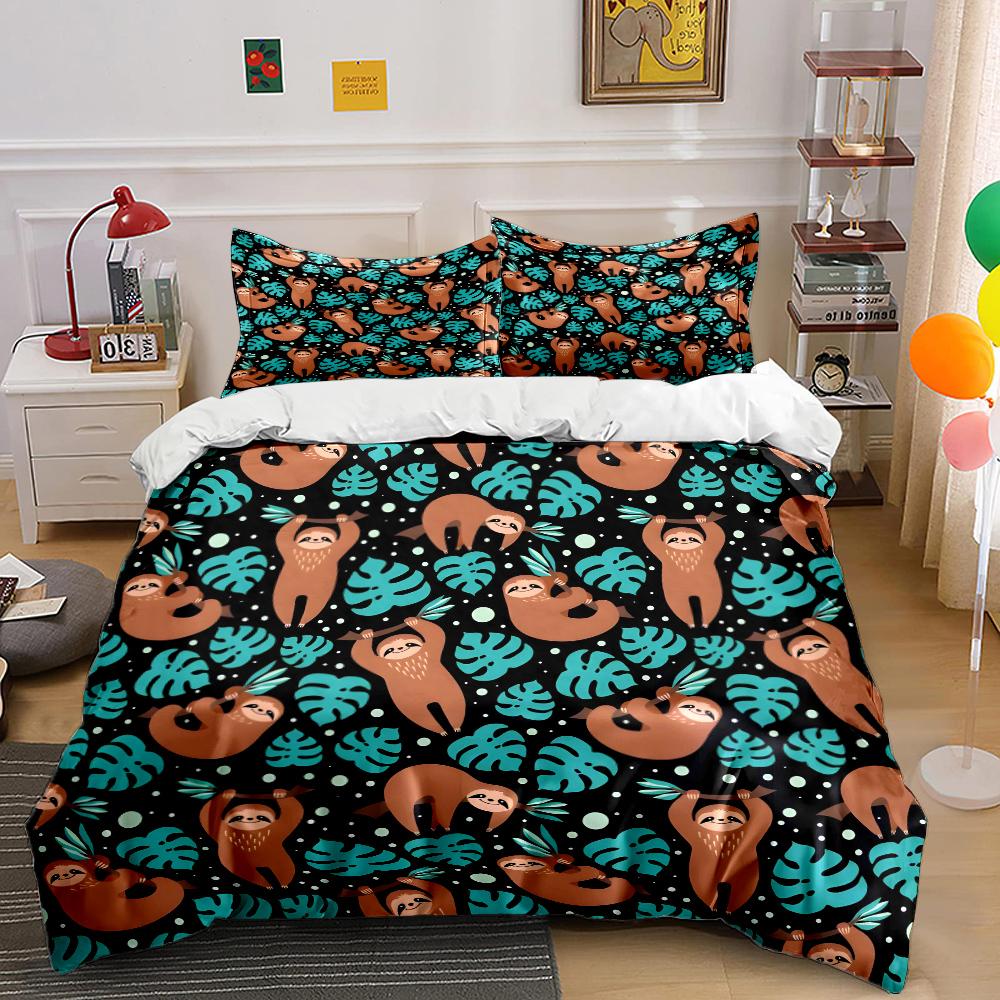 Cartoon Sloths with Green Leaves Bedding Set for Kids Luxury Gift 3pcs Digital Print Comforter Set Soft Comfortable Breathable