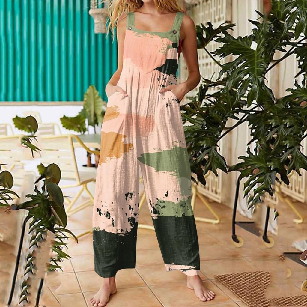 Womens Casual Overalls Jumpsuits Adjustable Straps Sleeveless Print Comfy Rompers With Pocket