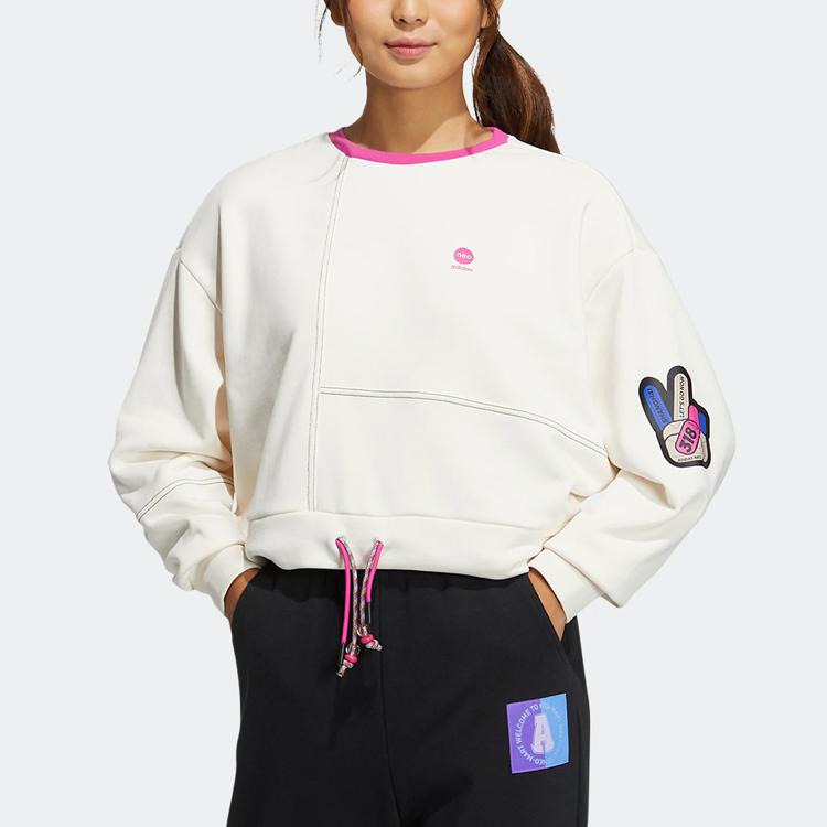 Adidas Neo Cartoon Print Drawstring Hem Sweatshirt Women Tops Pink White IA6899