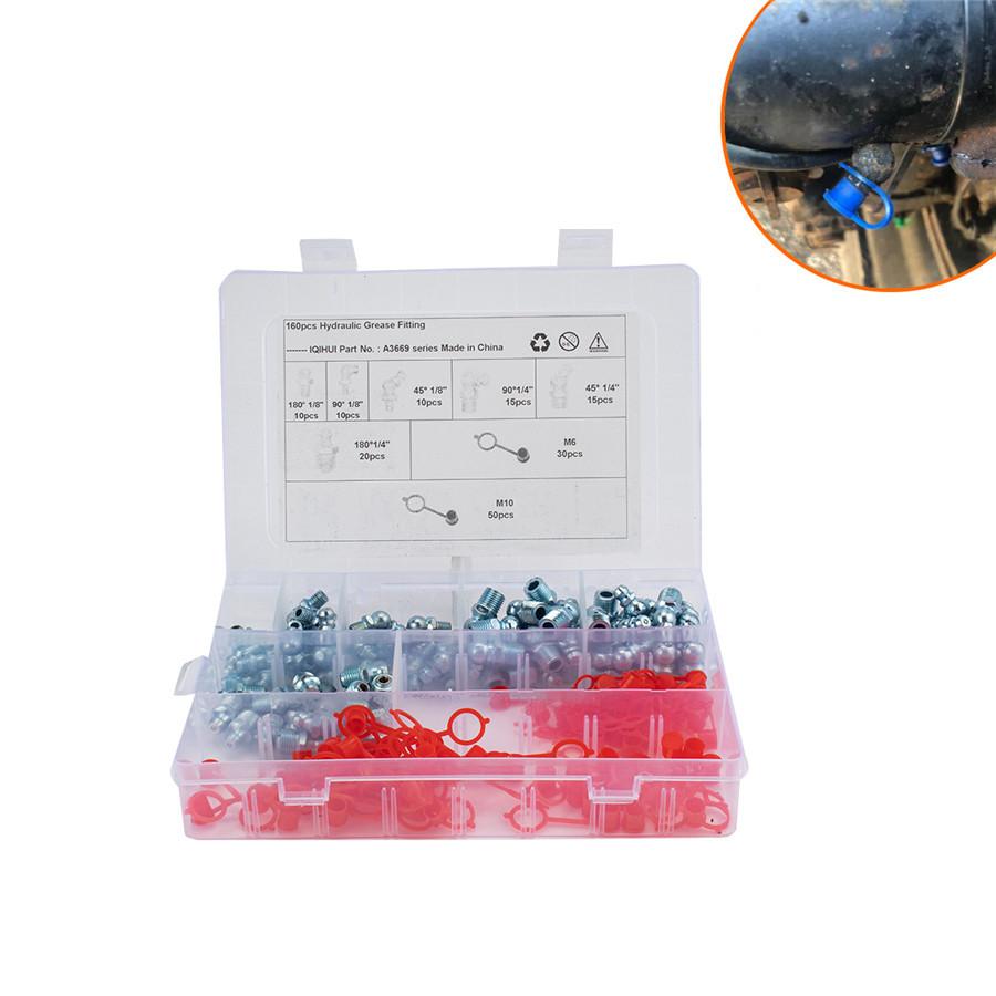 160PCS 6Sizes Metric Grease Nipple Fittings Kit M6 M10 Straight, 180 °,90° Angle