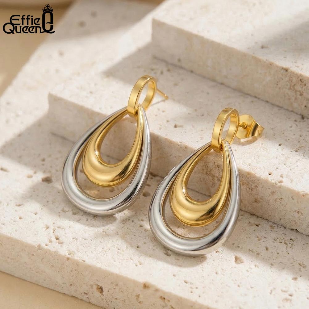 Effie Queen Trendiger Ohrhänger für Damen 18K Gold Plated Hochzeit Edelstahl Kreis Anhänger Ohrringe Modeschmuck STKE33