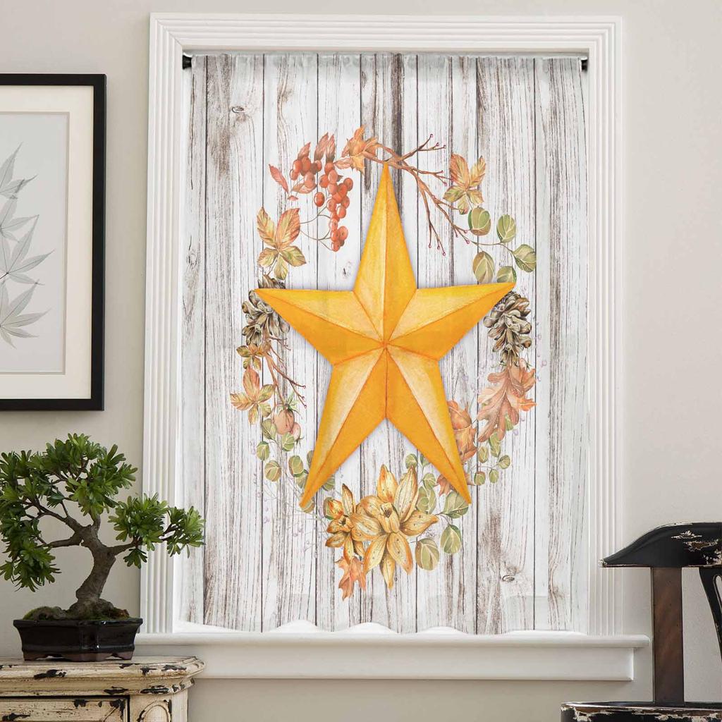 Herbstliche Holzmaserung Orange Fünfzackiger Stern Ahornblatt Transparente Vorhänge für Kinder Wohnzimmer Voile Fenstervorhänge Tüllvorhänge