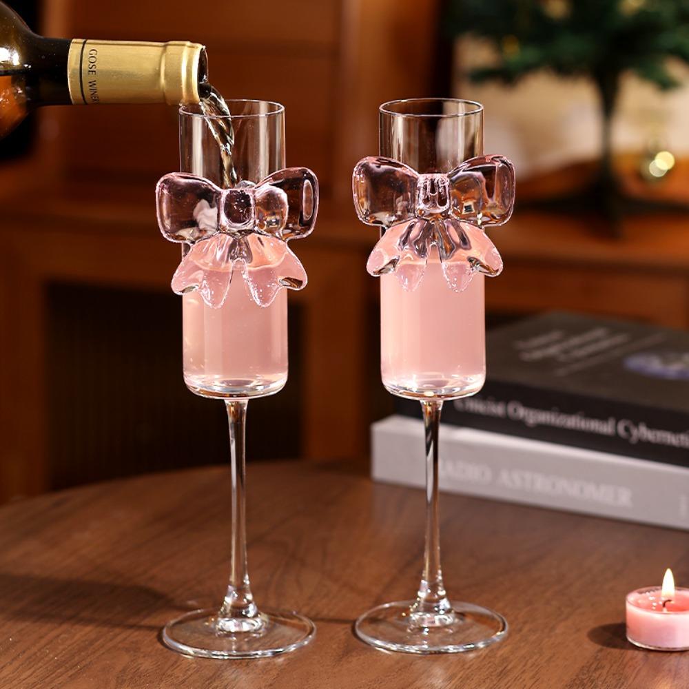 2pcs Clear Champagne Flutes 3D Bow Goblet Unique Drinking Glasses  Party Supplies