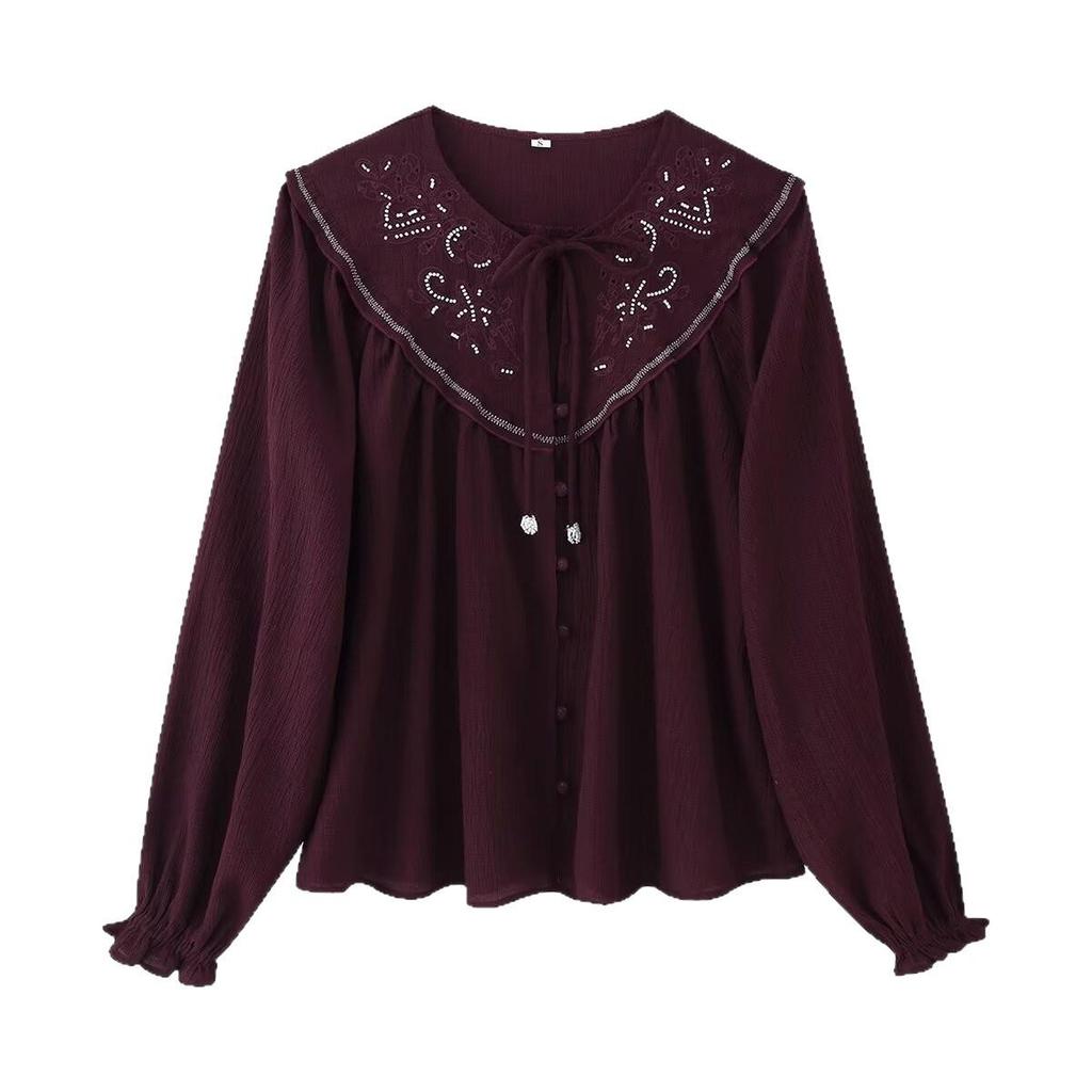 European Style Beaded Embroidery Long Sleeve Round Neck Shirt 577023