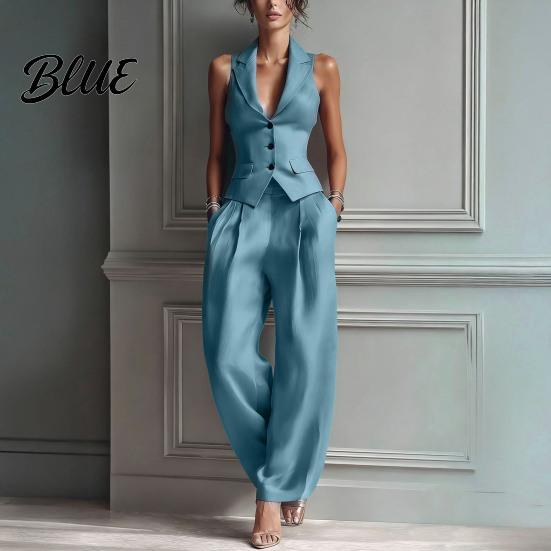 Women Two-piece Women's Summer 2 Piece Business Work Outfits Sleeveless Button Slim Fit Suit Down Vest And Wide Leg Pants Matching Set Clothing