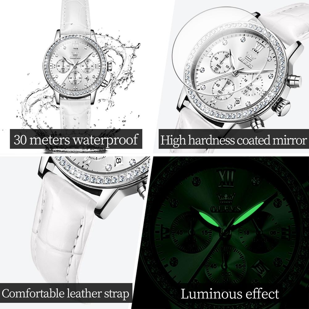 OLEVS Damen Uhren Top Marke Luxus Mode Zirkon Lünette Lederarmband Original Quarz Armbanduhr Wasserdicht Datum Chronograph
