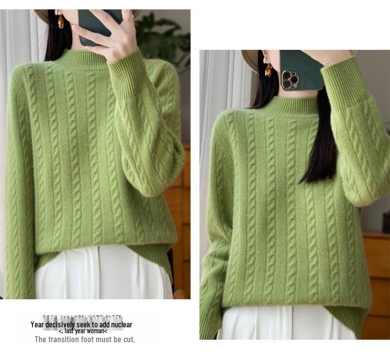 Women's Retro Cable Knit Wool Sweater - Ancola Red Long Sleeve, Half-High Neck, Autumn Winter Style