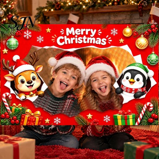 Portable Christmas Background Banner Cartoon Photo Booth Frame Banner, Xmas Selfie with Elk Festive Seasonal Event Penguin Bear, Holiday Party