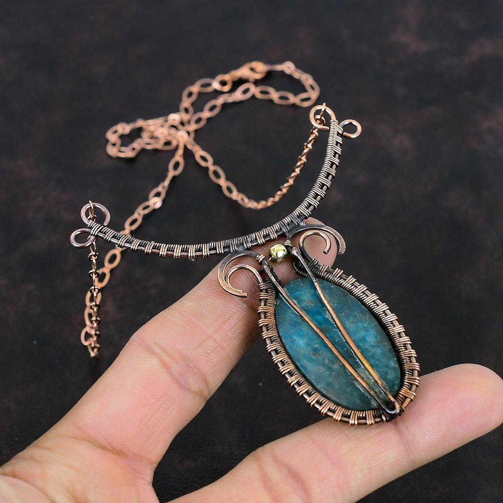 Neon Apatite Necklace Copper Wire Wrapped Necklace Adjustable Chain Necklace Copper Jewelry Handmade Natural Gemstone Necklace Gifts For Mom