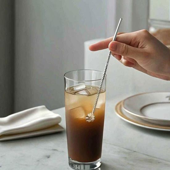 Yousheng Sakura Straw Spoon, 304 Stainless Steel Straw for Coffee Stirring, Reusable Drinking Straw for Juice Milk Tea
