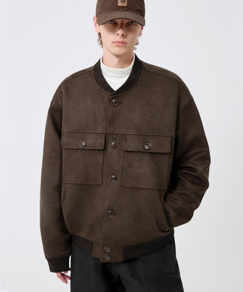 Trillion Two-Pocket Button Suede Bomber Jacket_Brown