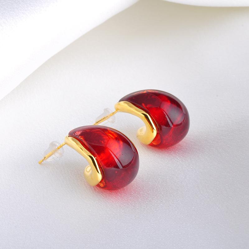 Gold-Tone Marbled Resin Drop Earrings - Burgundy & Red Hand-Sculpted Canvas Texture for Bold Women's Art Jewelry