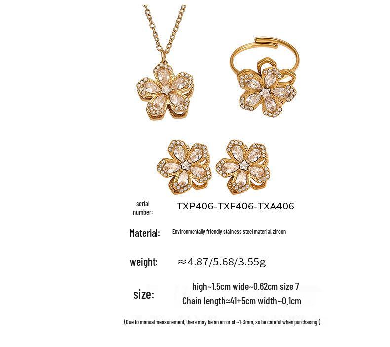Oumika Oumei Five-Petal Zircon 360° Rotating Jewelry Set: 18K Gold-Plated Earrings, Ring, and Necklace.