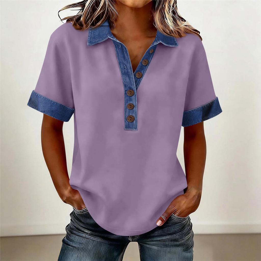 Denim Patchwork Shirts For Women Stand Collar Casual Blouse Short Sleeve Comfy Tshirt Spring Summer Fashion