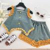 Girls' Fashionable 2025 Summer Denim Two-Piece Set: Backless Bow Sleeveless Top & Shorts