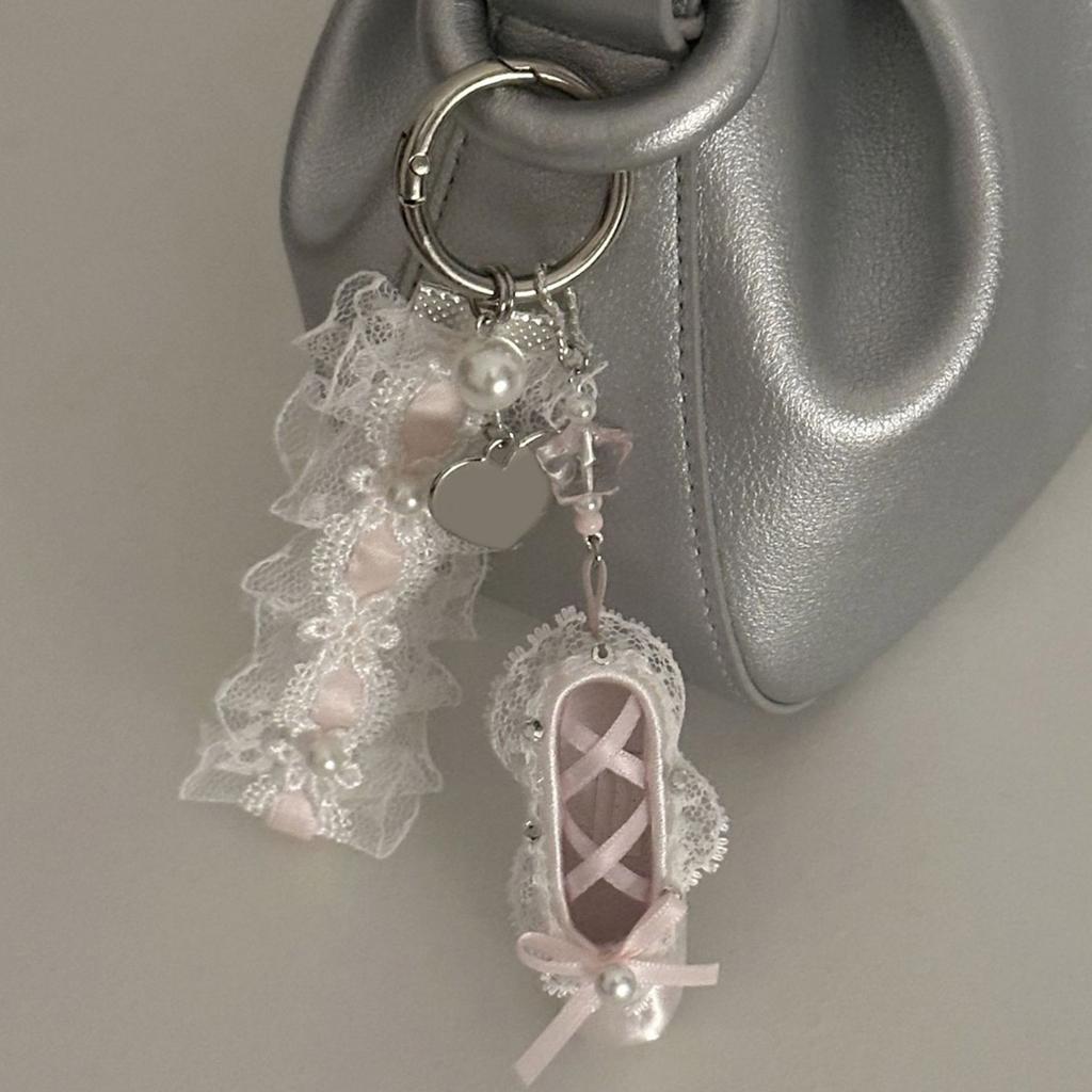 Charm Ballet Flat Key Holder Crystals Embellished Lace Ribbon Jewelry Purse Charm